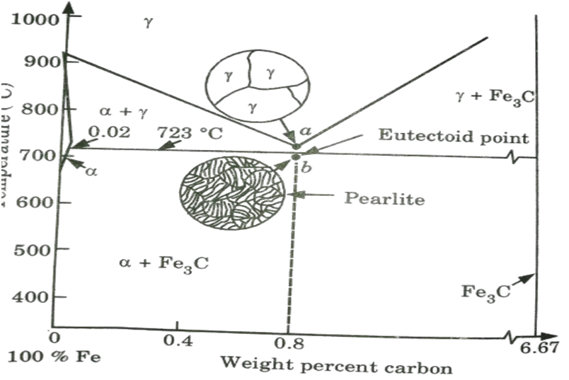 Draw neat iron carbon equilibrium diagram with explanation of each phase, compositions, and temperature. Explain the microstructure of pearlite and eutecoid steels.