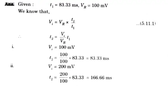 For a dual slope ADC, t1 is 83.33 ms and the reference voltage is 100 mV. Calculate t2 if Vi is