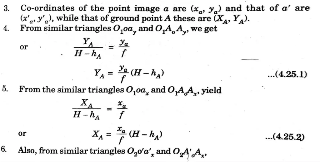 Derive parallax equations for determining elevation and ground coordinates of a point.