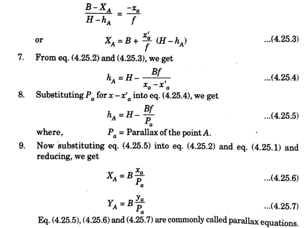 Derive parallax equations for determining elevation and ground coordinates of a point.