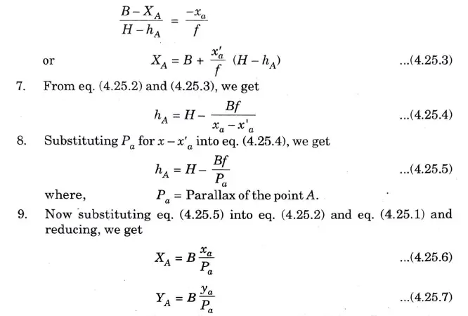 Derive parallax equation for determining elevation and ground coordinates of a point