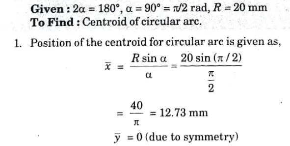 centroid of a circular are having radius 20 mm and central angle 180