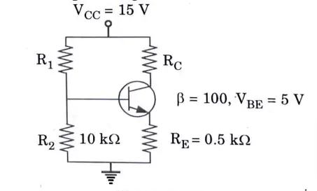 In the circuit shown in Fig. if lC = 2 mA and VCE= 3 V, calculate R1 and RC