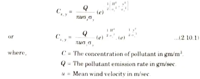 describe the Guassian dispersion model for air pollutants ? Also write Holland's equation for the calculation of plane height
