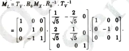 Obtain the mirror reflection of the triangle formed by the vertices A(0, 3), B(2, 0) and C(3, 2)