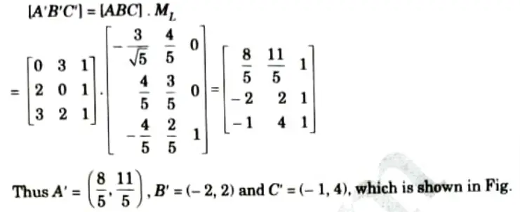 Obtain the mirror reflection of the triangle formed by the vertices A(0, 3), B(2, 0) and C(3, 2)