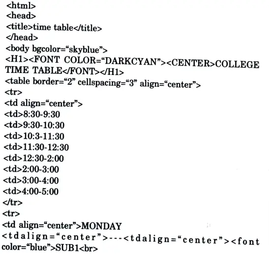 Create an HTML page name as “table html” to display your class time table