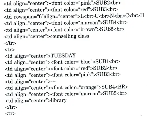 Create an HTML page name as “table html” to display your class time table