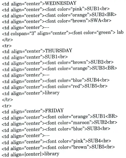 Create an HTML page name as “table html” to display your class time table