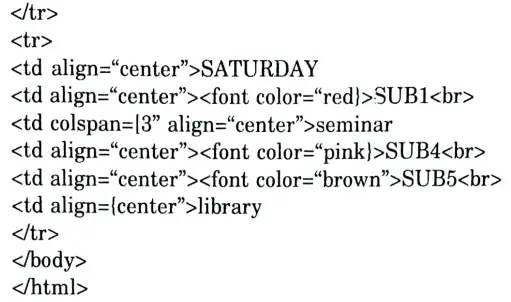 Create an HTML page name as “table html” to display your class time table