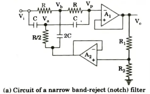 Draw and explain Narrow Band Reject Filter. Also, find its transfer function