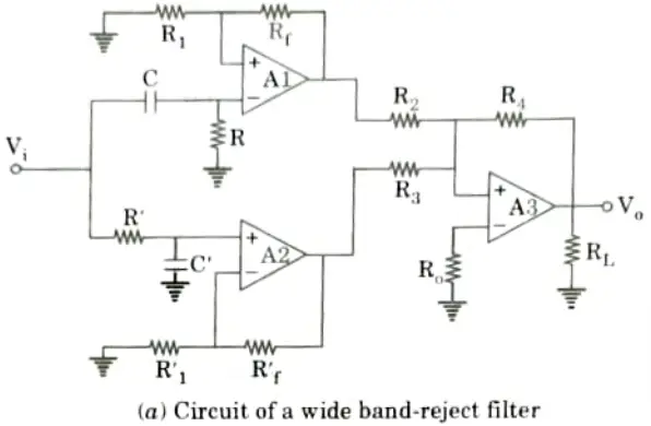 Draw and explain Narrow Band Reject Filter. Also, find its transfer function
