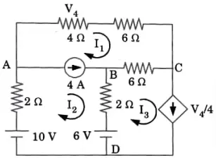 In the circuit shown in Fig., find the power delivered by the 10V source and the voltage across the 4 OHM resistor using mesh analysis.