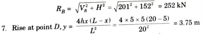 A parabolic three hinged arch carries load as shown in the figure. Determine the resultant reactions at support. Find the bending moment, normal thrust and radial shear at a distance of 5 m from A. 