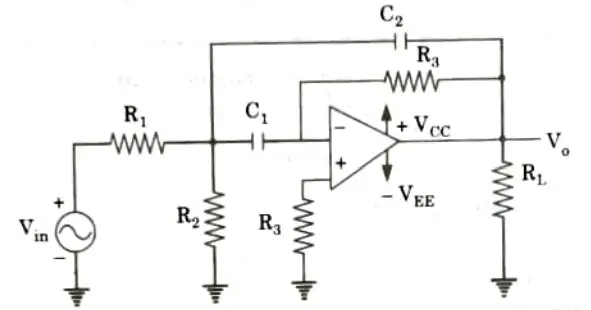 Design a multiple feedback narrow band pass filter with fc = 1 KHz, Q = 3 and A = 10.
