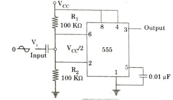 Draw the circuit diagram of Schmitt trigger using 555 timer. 
