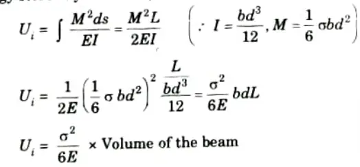 Write the expression of strain energy stored in a beam subjected to a uniform bending moment. 
