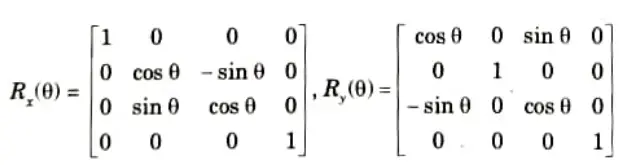 Give the matrix representation of rotation about x, y and z coordinate axis in 3D transformation. 