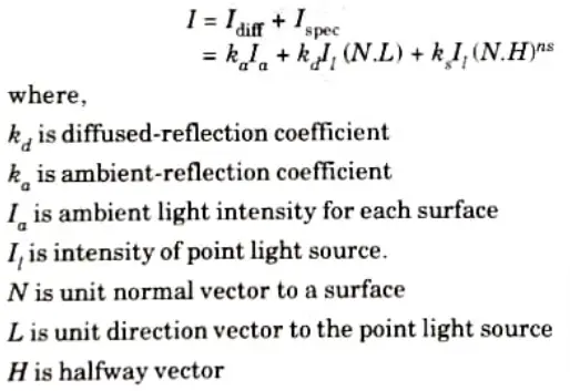 Give the combine diffuse and specular reflection from any point on the illuminated surface for a single point light Source. 