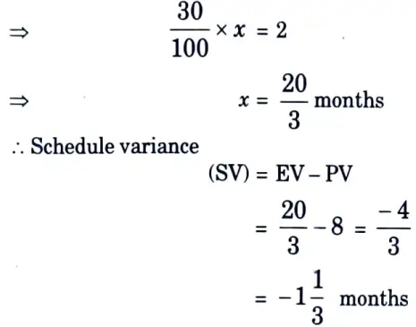 A project is expected to complete in 8 months. After 2 months, manager realizes that 30 % of the project is completed. Find the schedule variance. 