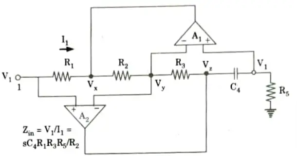Describe the Antoniou inductance simulation circuit with properly labeled circuit diagram and give mathematical expressions in support of your answer. Integrated Circuits