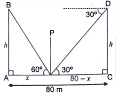 From a point P between them on the road, the angle of elevation of the top of a pole is 60° and the angle of depression from the top of the other pole of point P is 30°. 