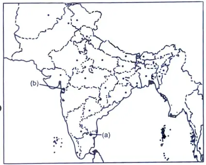 Two features 'a' and 'b' are marked on the given political outline map of India. SOCIAL SCIENCE